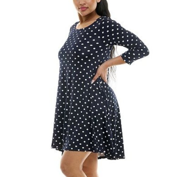 Nina Leonard Blue White Polka Dot High-Low Trapeze 3/4 Sleeve Dress w/pockets L - Picture 3 of 10